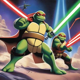 A dynamic scene featuring a Ninja Turtle dressed as a Jedi, wielding a green laser sword, engaged in an epic battle against Mickey Mouse who is dressed as a Sith with a red laser sword in his hands