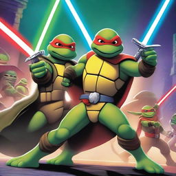 A dynamic scene featuring a Ninja Turtle dressed as a Jedi, wielding a green laser sword, engaged in an epic battle against Mickey Mouse who is dressed as a Sith with a red laser sword in his hands