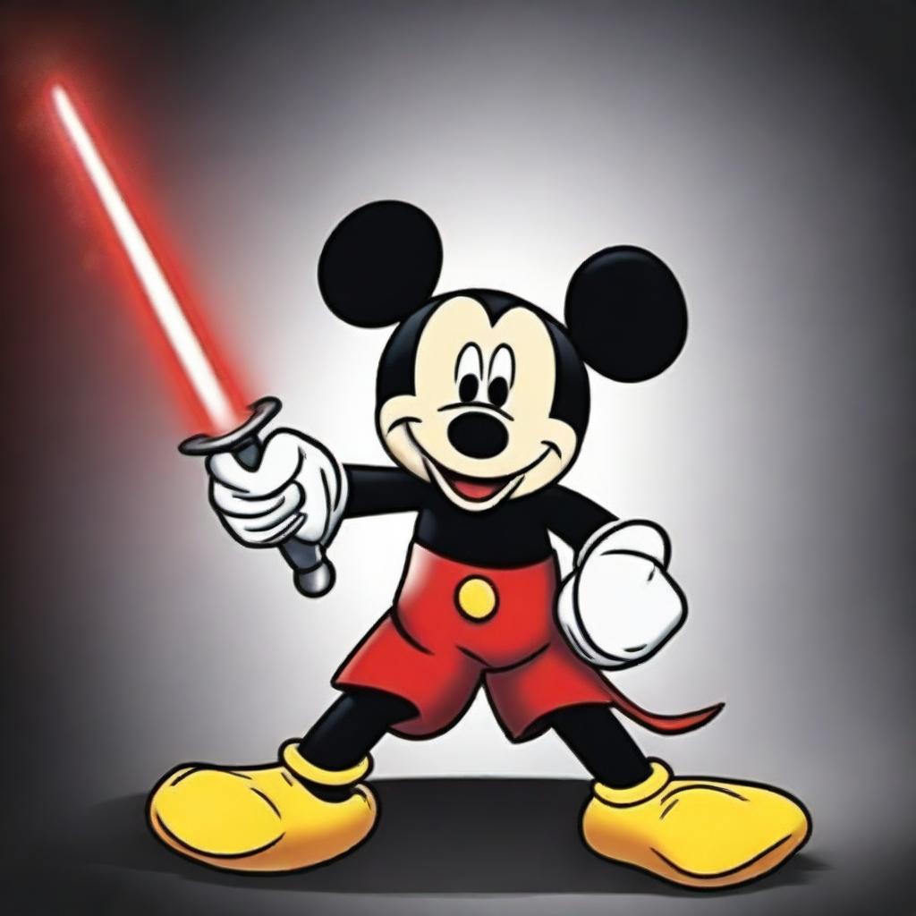 A dark and sinister version of Mickey Mouse, wielding a red laser sword