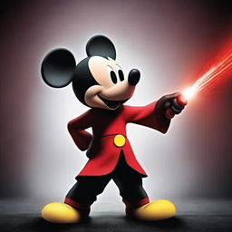 A dark and sinister version of Mickey Mouse, wielding a red laser sword