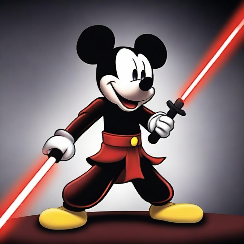 A dark and sinister version of Mickey Mouse, wielding a red laser sword