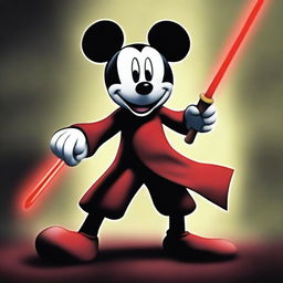 A dark and sinister version of Mickey Mouse, wielding a red laser sword