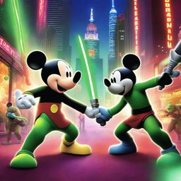 An intense battle scene featuring an evil Mickey Mouse wielding a red laser sword, facing off against a ninja turtle with a green laser sword