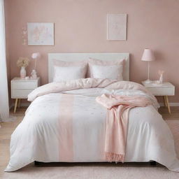 A white bed cover in a girl's room, decorated with soft pastel colors, a touch of light pink, adorned with cute patterns fitting for a child's space.