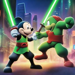 An intense battle scene featuring an evil Mickey Mouse wielding a red laser sword, facing off against a ninja turtle with a green laser sword