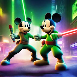 An intense battle scene featuring an evil Mickey Mouse wielding a red laser sword, facing off against a ninja turtle with a green laser sword