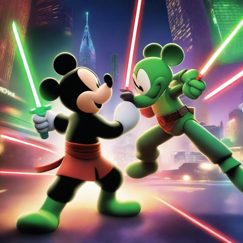 An intense battle scene featuring an evil Mickey Mouse wielding a red laser sword, facing off against a ninja turtle with a green laser sword