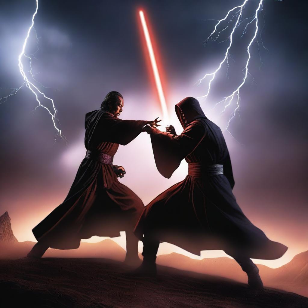 A dramatic scene depicting a Jedi and a Sith engaged in an intense lightsaber duel, set against a dark and stormy backdrop with lightning illuminating the sky