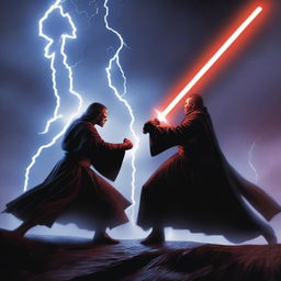 A dramatic scene depicting a Jedi and a Sith engaged in an intense lightsaber duel, set against a dark and stormy backdrop with lightning illuminating the sky