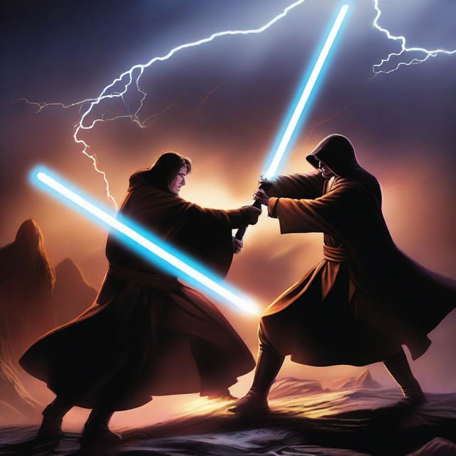 A dramatic scene depicting a Jedi and a Sith engaged in an intense lightsaber duel, set against a dark and stormy backdrop with lightning illuminating the sky