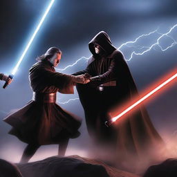 A dramatic scene depicting a Jedi and a Sith engaged in an intense lightsaber duel, set against a dark and stormy backdrop with lightning illuminating the sky