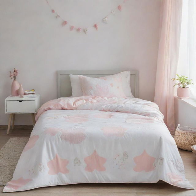 A white bed cover in a girl's room, decorated with soft pastel colors, a touch of light pink, adorned with cute patterns fitting for a child's space.