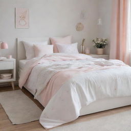 A white bed cover in a girl's room, decorated with soft pastel colors, a touch of light pink, adorned with cute patterns fitting for a child's space.