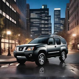 A sleek black Nissan Xterra parked in an urban setting