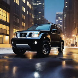 A sleek black Nissan Xterra parked in an urban setting
