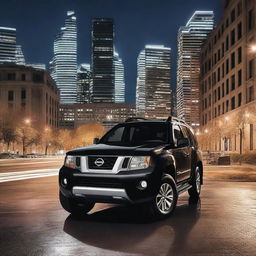 A sleek black Nissan Xterra parked in an urban setting