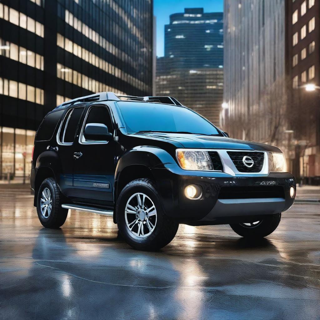 A sleek black Nissan Xterra with blue and white stripes parked in an urban setting