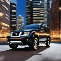 A sleek black Nissan Xterra with blue and white stripes parked in an urban setting