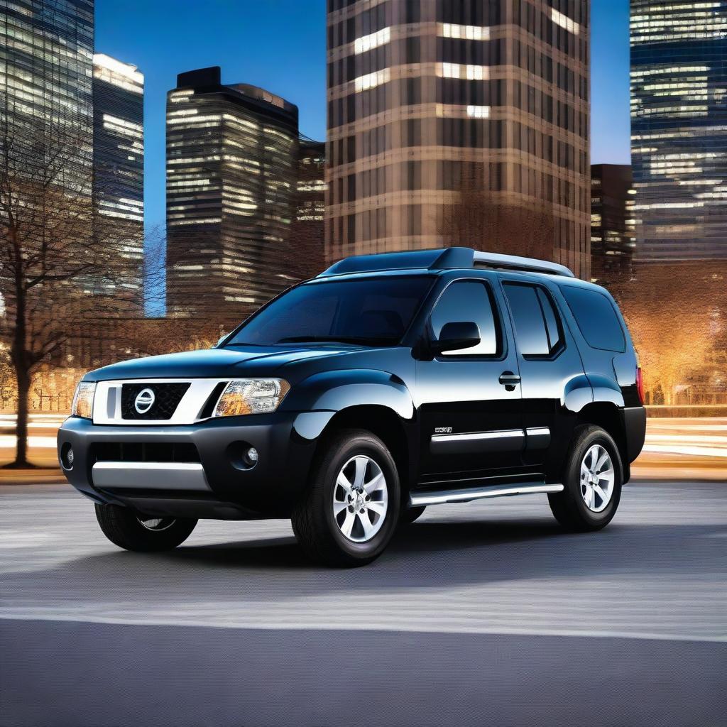 A sleek black Nissan Xterra with blue and white stripes parked in an urban setting