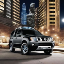 A sleek black Nissan Xterra with blue and white stripes parked in an urban setting