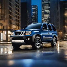 A sleek black Nissan Xterra with blue and white stripes near the door parked in an urban setting