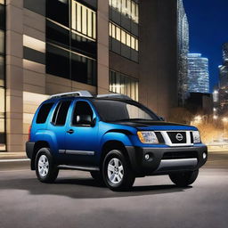 A sleek black Nissan Xterra with blue and white stripes near the door parked in an urban setting