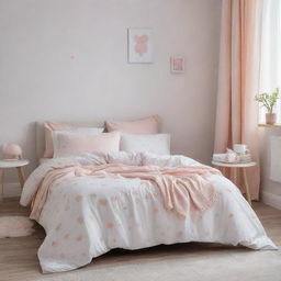 A white bed cover in a girl's room, decorated with soft pastel colors, a touch of light pink, adorned with cute patterns fitting for a child's space.