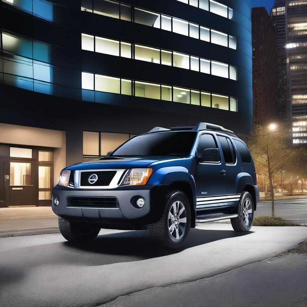 A sleek black Nissan Xterra with blue and white stripes near the door parked in an urban setting