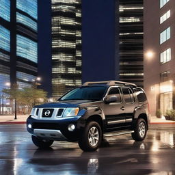 A sleek black Nissan Xterra with blue and white stripes near the door parked in an urban setting