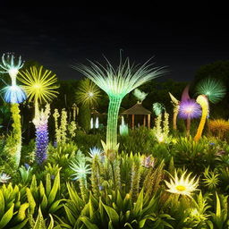 An enchanting magical garden, filled with radiant, oversized blossoms of all colors, bioluminescent plants that glow in the dark, wandering mythical creatures, sparkling water features, and a canopy of starlit vines overhead.