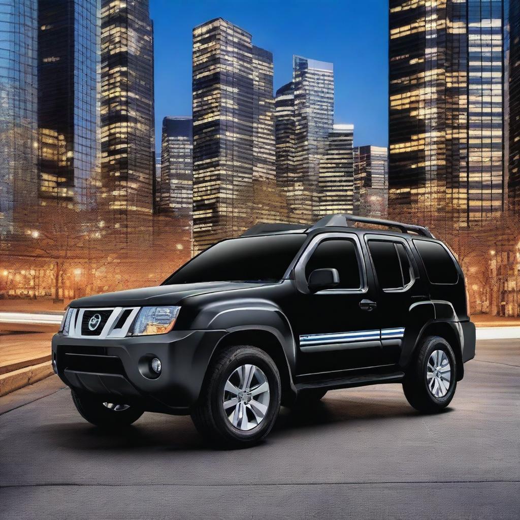 A side view of a sleek black Nissan Xterra with blue and white stripes near the door, parked in an urban setting