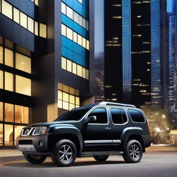 A side view of a sleek black Nissan Xterra with blue and white stripes near the door, parked in an urban setting