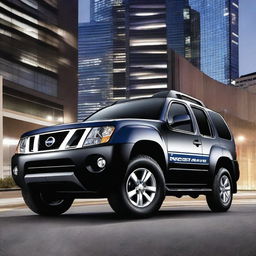 A side view of a sleek black Nissan Xterra with blue and white stripes near the door, parked in an urban setting