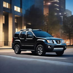 A side view of a sleek black Nissan Xterra with blue and white stripes near the door, parked in an urban setting