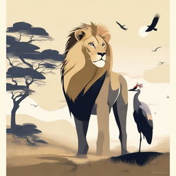 A majestic lion and a crested crane standing together in a harmonious setting