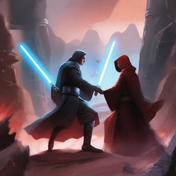 An epic battle scene featuring a Jedi and a Sith clashing with their lightsabers in a dramatic, otherworldly landscape