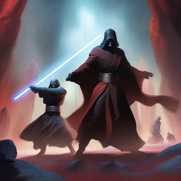 An epic battle scene featuring a Jedi and a Sith clashing with their lightsabers in a dramatic, otherworldly landscape