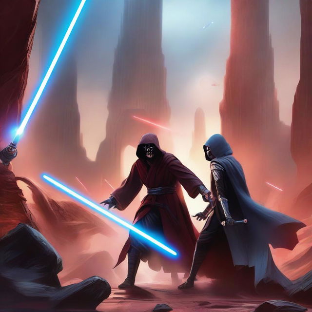 An epic battle scene featuring a Jedi and a Sith clashing with their lightsabers in a dramatic, otherworldly landscape