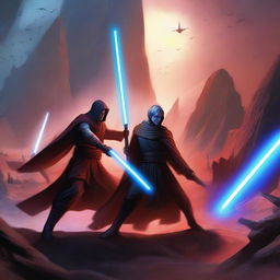 An epic battle scene featuring a Jedi and a Sith clashing with their lightsabers in a dramatic, otherworldly landscape