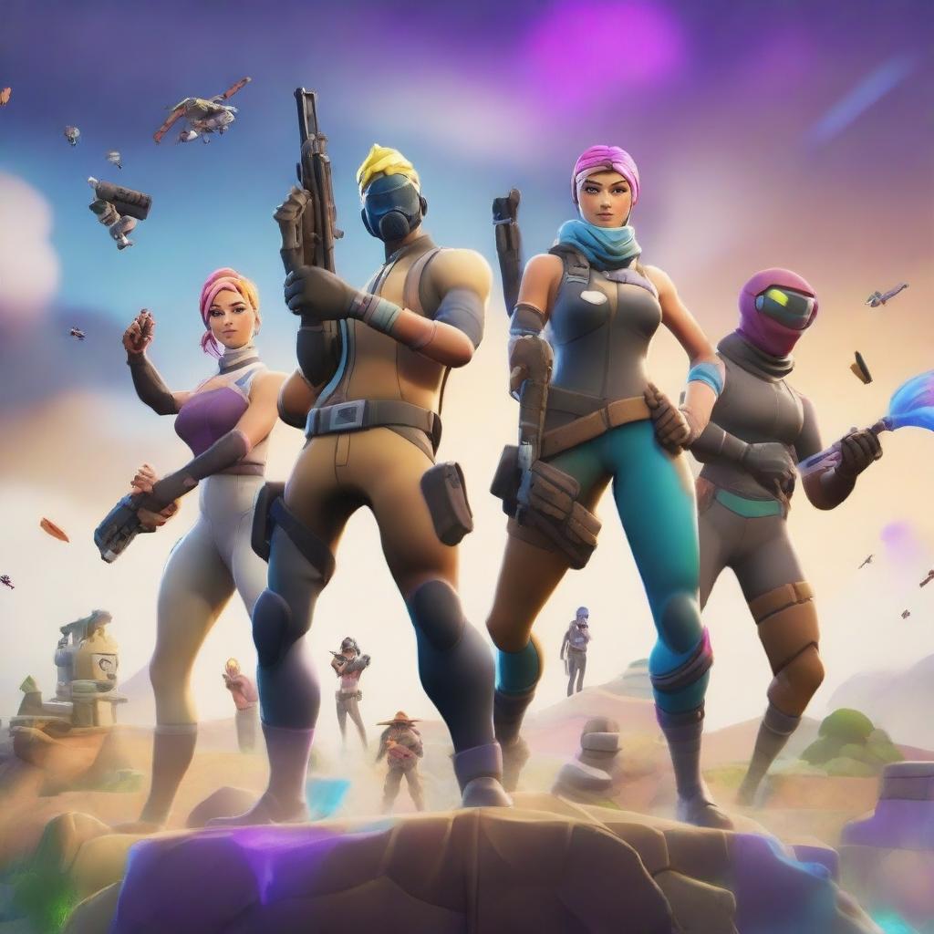 A vibrant and action-packed scene featuring characters from the Fortnite universe, showcasing their unique outfits and engaging in an epic battle