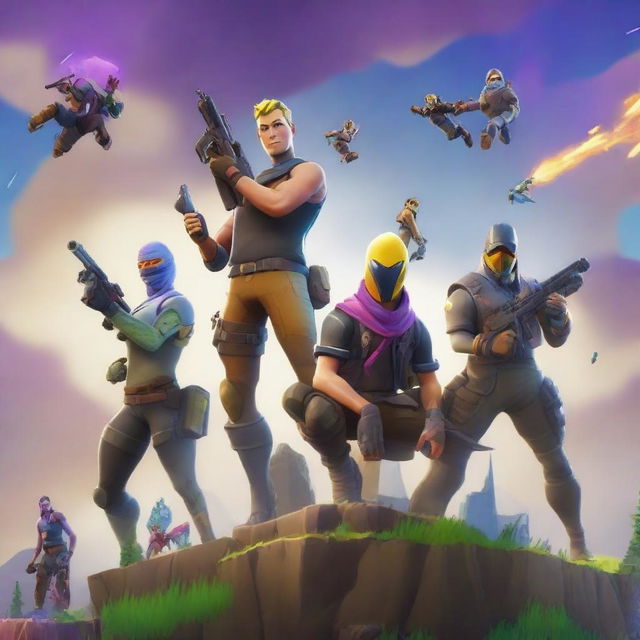 A vibrant and action-packed scene featuring characters from the Fortnite universe, showcasing their unique outfits and engaging in an epic battle