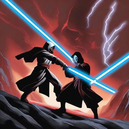 A dramatic scene featuring a Jedi and a Sith engaged in an intense lightsaber duel