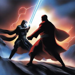 A dramatic scene featuring a Jedi and a Sith engaged in an intense lightsaber duel