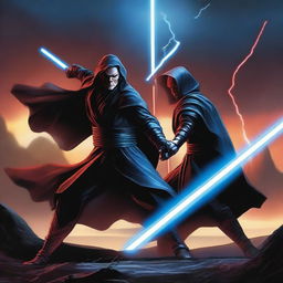 A dramatic scene featuring a Jedi and a Sith engaged in an intense lightsaber duel