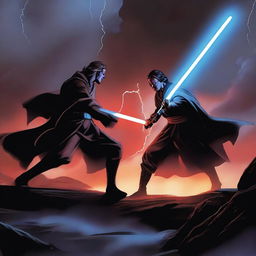 A dramatic scene featuring a Jedi and a Sith engaged in an intense lightsaber duel