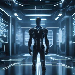 A dark figure stands in a futuristic scene with advanced technology and machine learning elements in the background