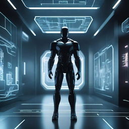 A dark figure stands in a futuristic scene with advanced technology and machine learning elements in the background