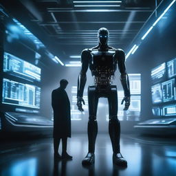 A dark figure stands in a futuristic scene with advanced technology and machine learning elements in the background