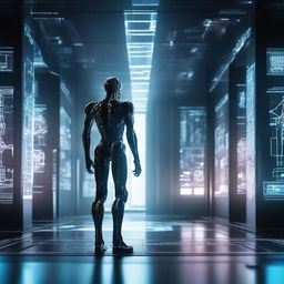 A dark figure stands in a futuristic scene with advanced technology and machine learning elements in the background