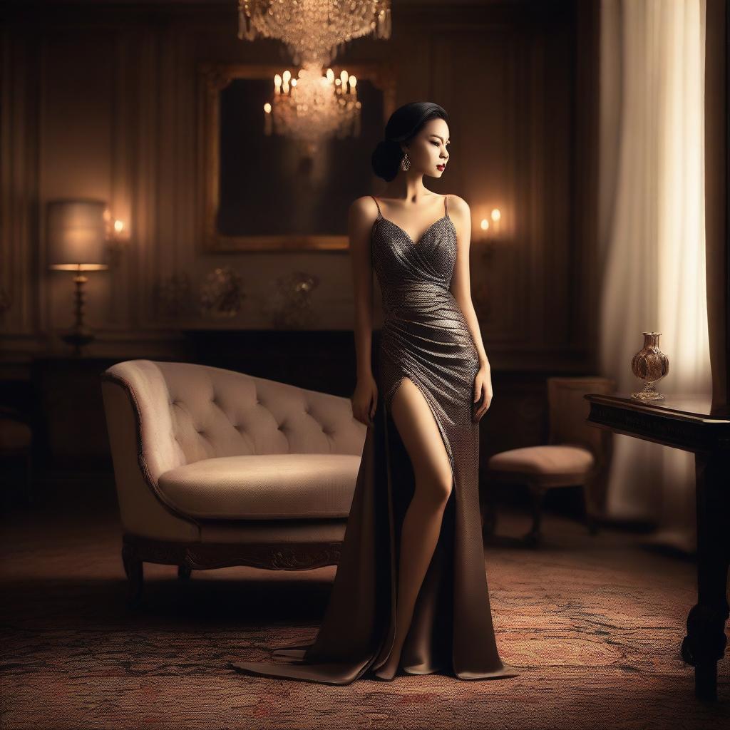 A visually appealing and seductive scene featuring a person dressed in stylish, form-fitting clothing